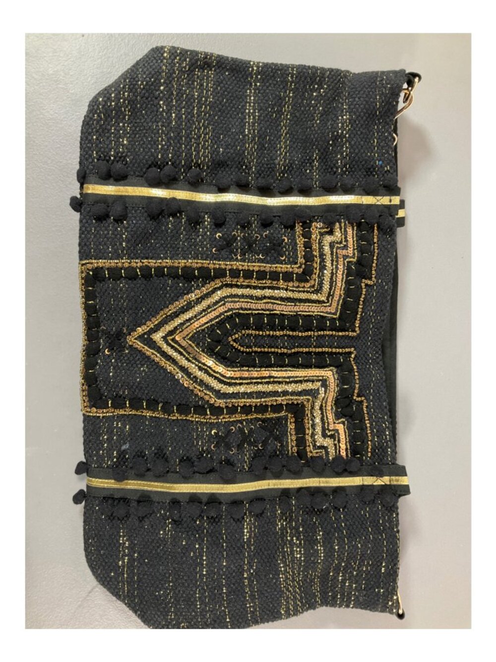 America & Beyond Embellished Gold & Black Tote Bag, Unisex Crossbody with Pom-Po